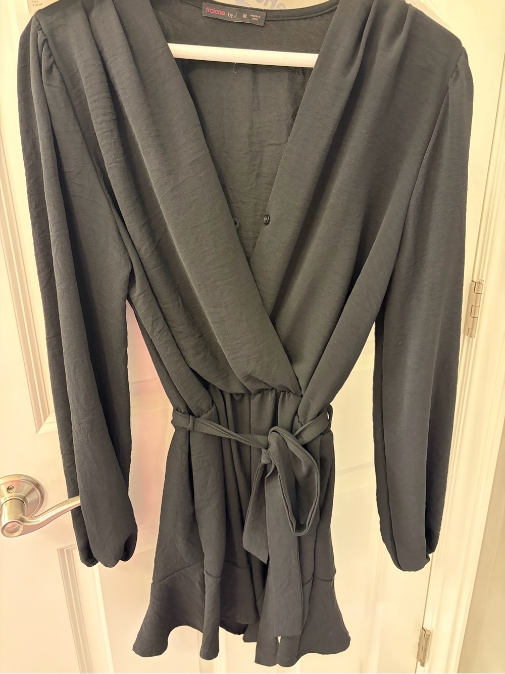 tracie by j charcoal black wrap romper with waist tie